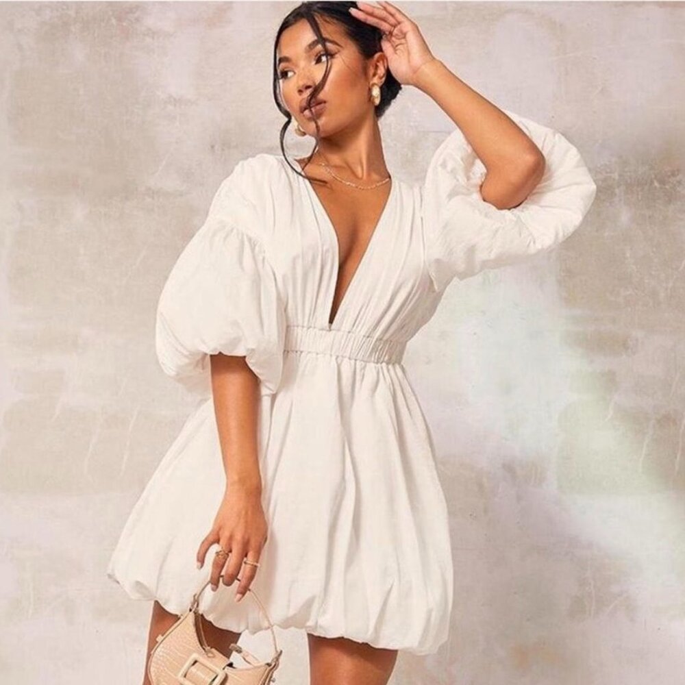 ENVME White Puff Sleeve Puff Hem Bubble Mini Dress Size Small